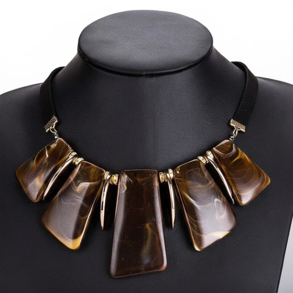 Womens Brown Pendant Gold Statement‎ Necklace